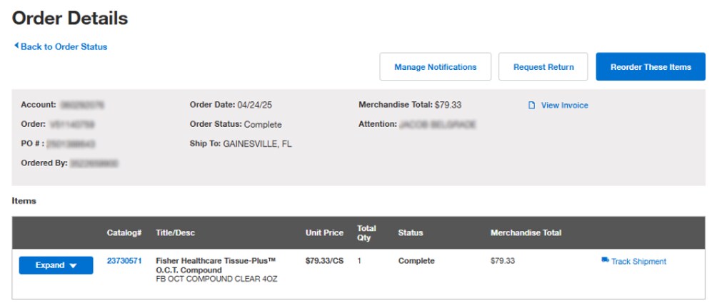 Order Details page on Fisher Scientific's website with order information and options to manage notifications, request a return, and reorder items. Includes a table with item details.