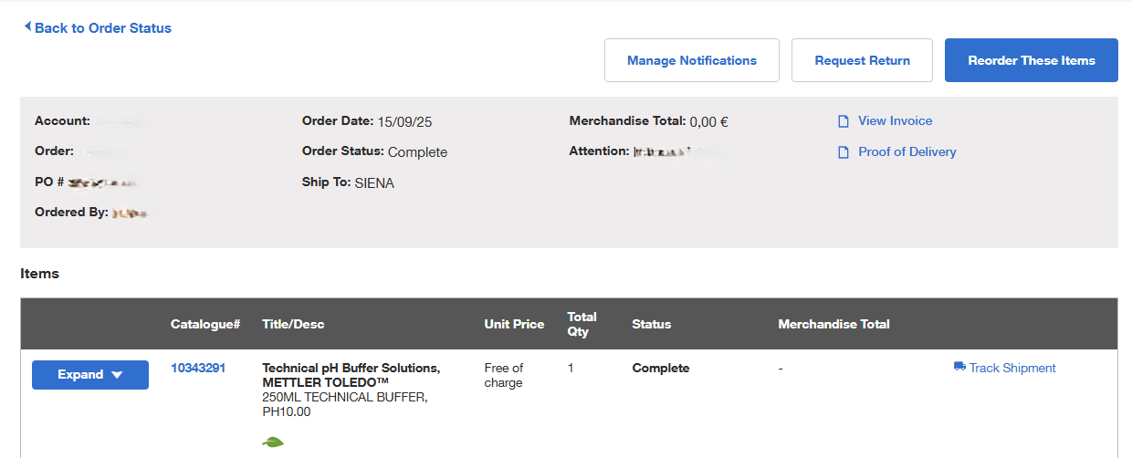 Order Details page on Fisher Scientific's website with order information and options to manage notifications, request a return, and reorder items. Includes a table with item details.
