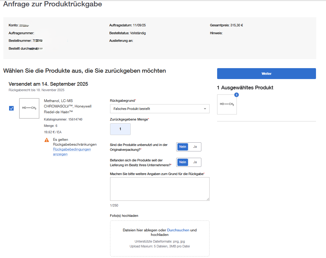 Select the Products You Wish to Return page on Fisher Scientific's website with shipping info, return eligibility, and return restrictions. Includes fields for reason, quantity, product condition, and photo upload. 'Continue' button at the top right.